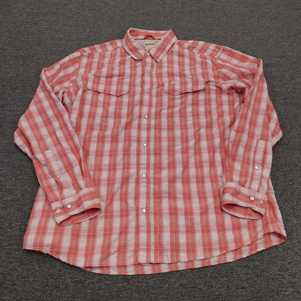 Simms Shirt Mens XL Orange Plaid Long Sleeve Snap Front Vented Fishing Outdoor